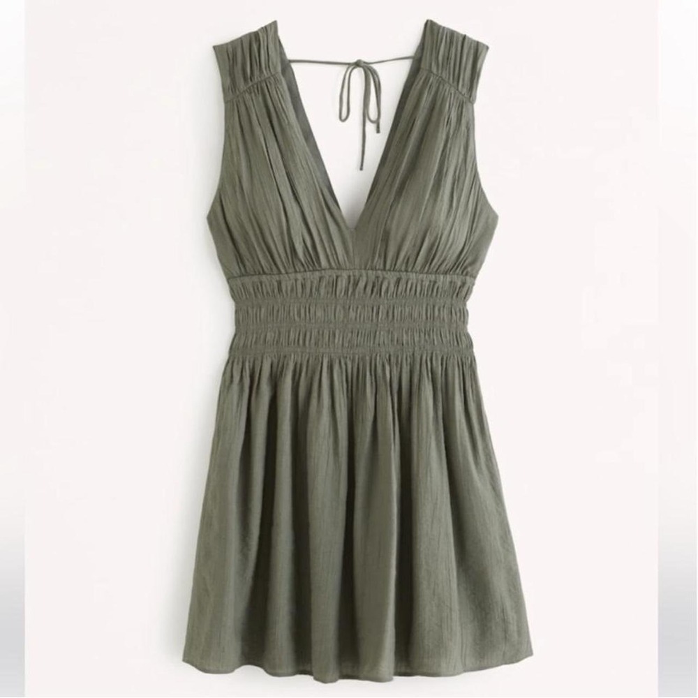 Abercrombie & Fitch Olive Green Smocked V-Neck Mini Dress XXS Tie Back Pleated